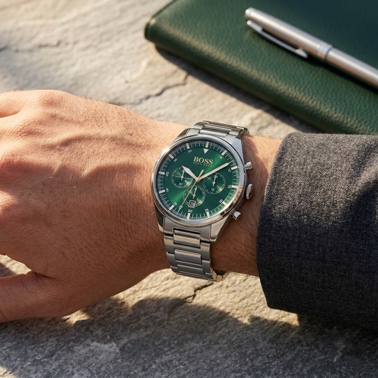 Hugo Boss Pioneer 1513868 Silver Case Green Dial Silver Metal Men's Watch