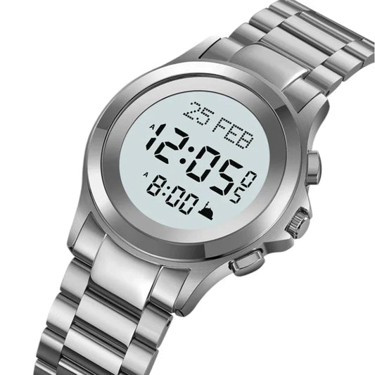 ساعة الحرمين الاسلامية من سكيمي 2270 مواقيت الصلاة تقويم هجري دعم اللغة العربيه اتجاه القبلة لون فضي مقاومة للماء