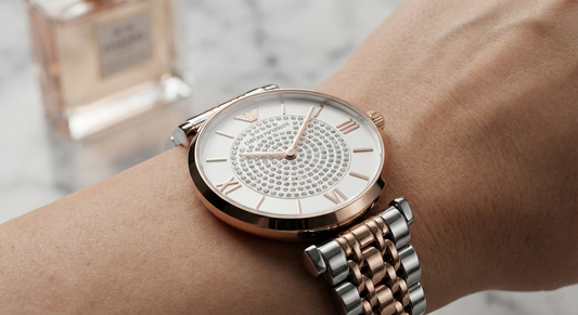 Emporio Armani Gianni T-Bar AR80035 Women's Two-Tone Crystal Pavé Dial Luxury Watch