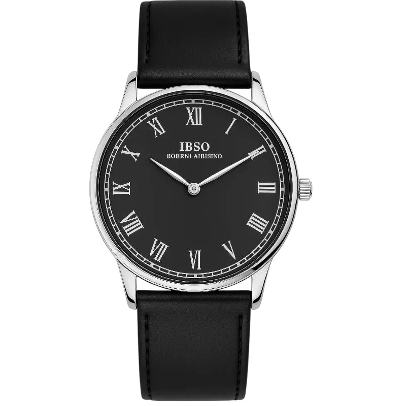ساعة ايبسو الكلاسيكية نحيفة بسوار جلد للرجال فضي وأسود