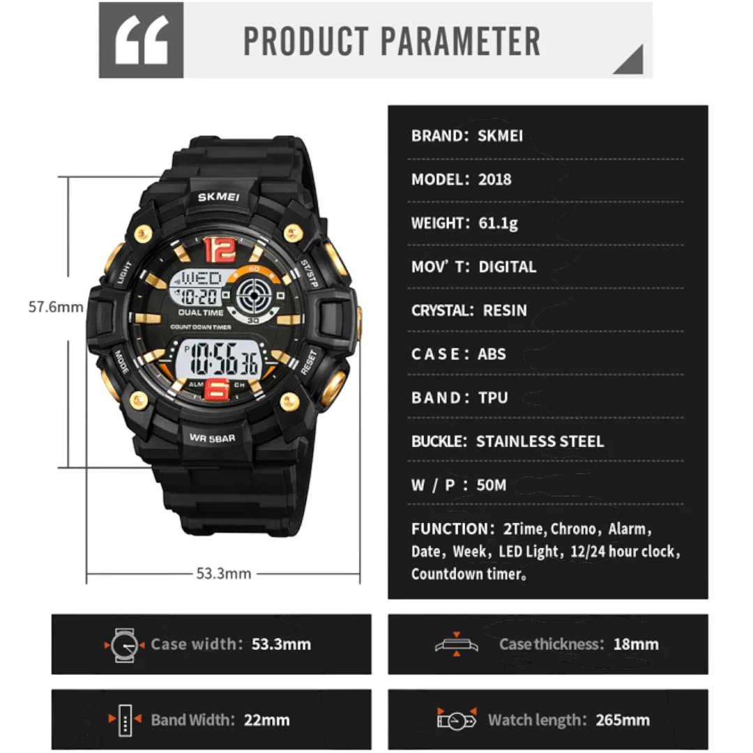 SKMEI 2018 ساعة رياضية رقميه مقاومة للماء متعددة الوظائف تقويم منبه ساعة ايقاف لون اسود بميناء فاتح