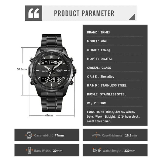 SKMEI 2049 ساعة سكمي الفاخرة ستانلس ستيل أسود ومينا أبيض
