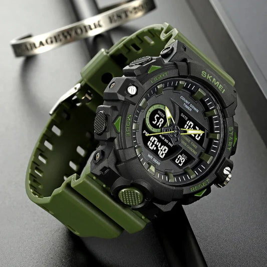 ساعة سكمي 2225 رياضية عسكرية شاشة مزدوجة أسود مع سوار أخضر