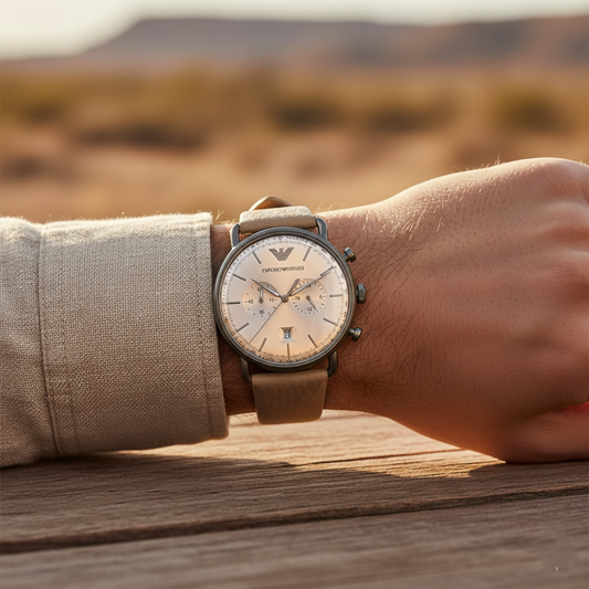 Emporio Armani Aviator AR11107 Beige Leather Gunmetal Watch