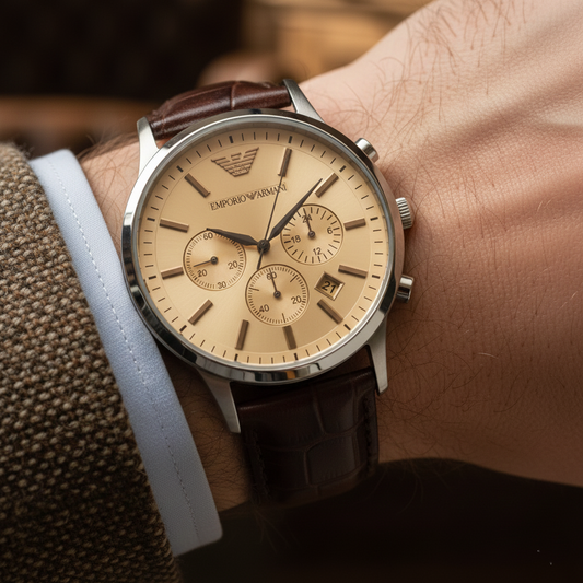 Emporio Armani Renato AR2433 Cream Dial Brown Leather Watch