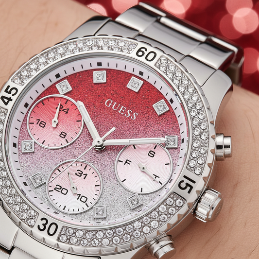 Guess Confetti W0774L7 Silver Tone Red Gradient Glitter Dial Watch