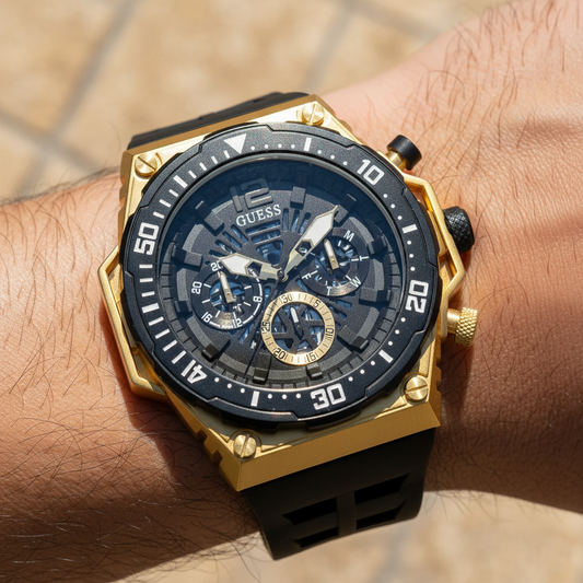 Guess Cut-Thru GW0325G1 Gold Tone Case Black Bezel Black Rubber Strap Watch