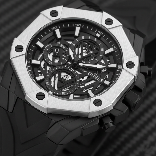 Guess Formula GW0579G1 Black Skeleton Dial White Bezel Rubber Strap Watch