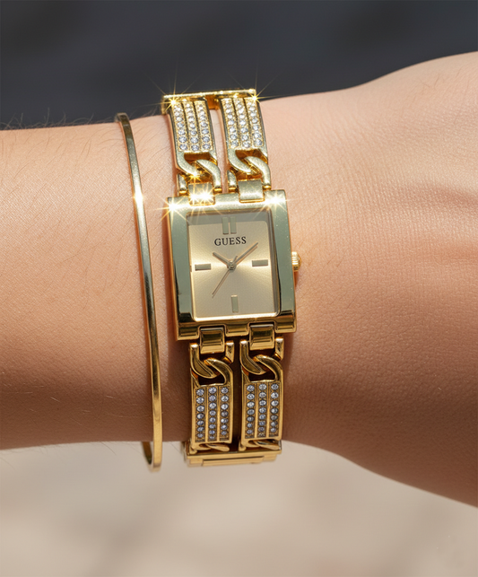 Guess GW0668L2 Gold Tone Rectangular Crystal Bracelet Watch