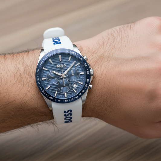 Hugo Boss Strike 1514238 Men's Blue Dial Watch with White Logo Rubber Strap
