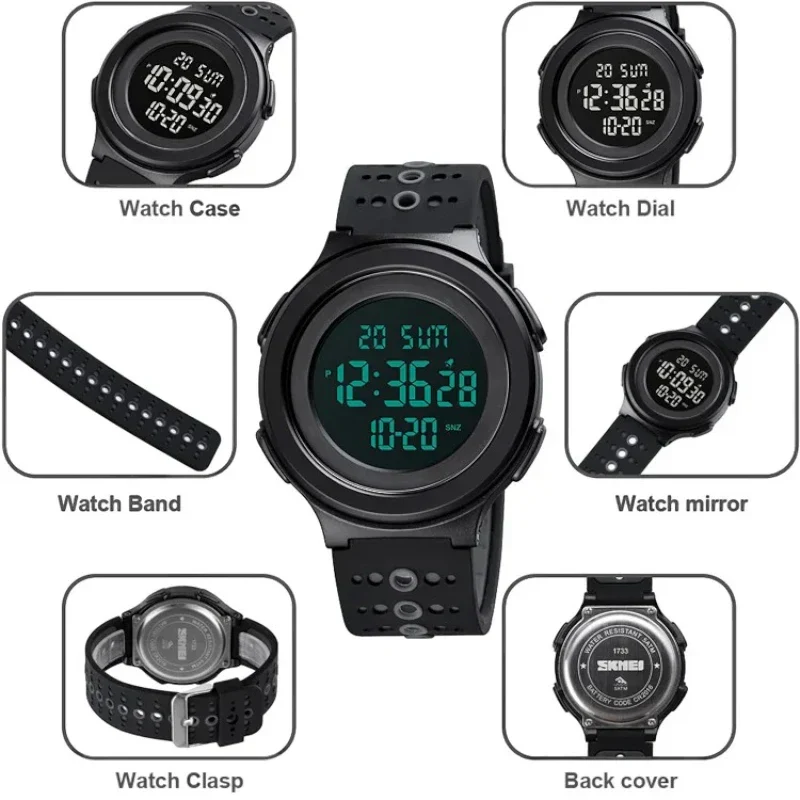 SKMEI 1733 ساعة يد سوداء للرجال والنساء ساعات منبه LED متعددة الوظائف - قرص داكن