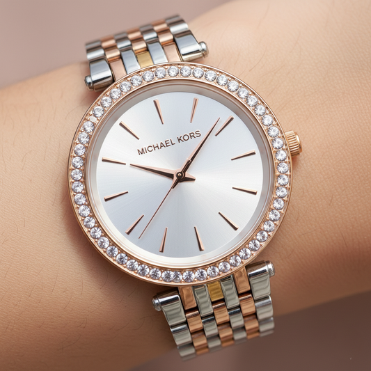 Michael Kors Darci MK3203 Tri-Tone Watch with Crystal Bezel and Silver Dial