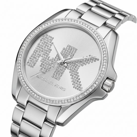 Michael Kors Runway MK6554 Silver Watch with Crystal Encrusted MK Logo Dial