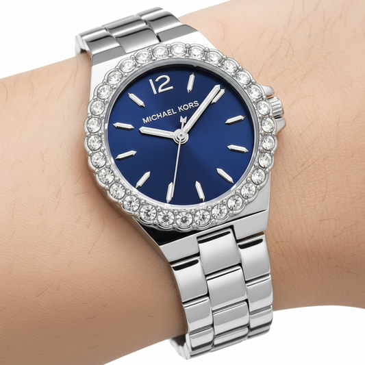 Michael Kors Lennox MK7397 Silver Watch with Navy Blue Dial and Crystal Bezel