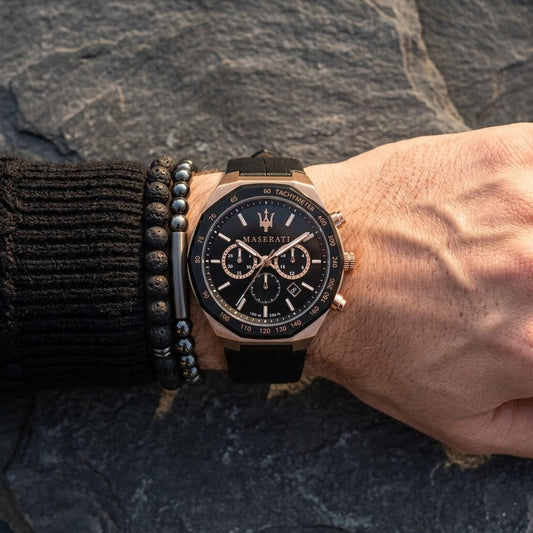 Maserati Stile Chronograph R8871642001 Rose Gold Black Dial Leather Men's Watch