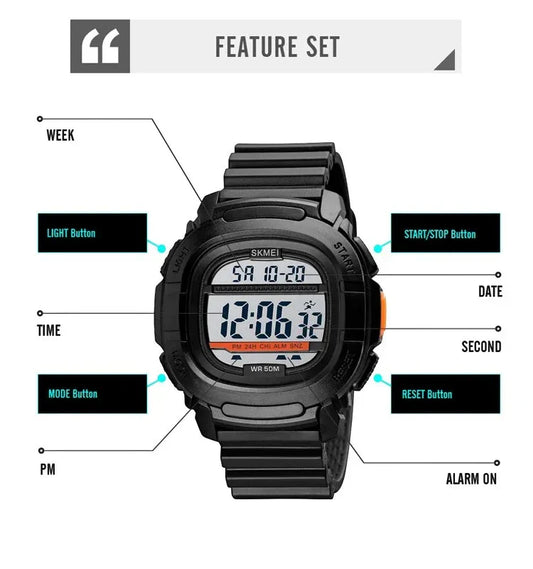 SKMEI 1657 ساعة رياضية رقمية مربعة متعددة الوظائف مع عداد للوقت مقاومة للماء