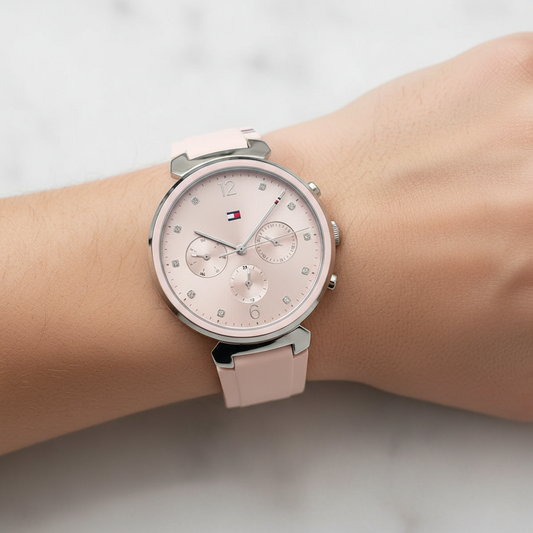 Tommy Hilfiger Lori 1782343 Women's Silver Case Pink Dial Pink Rubber Watch