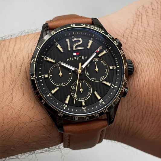 Tommy Hilfiger Gavin 1791470 Black Case Black Dial Light Brown Leather Men's Watch