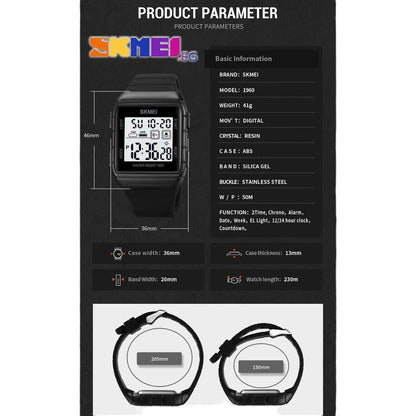 Skmei 1960 ساعة رقمية بسوار سيليكون ساعة يد رياضية متعددة الوظائف - أسود
