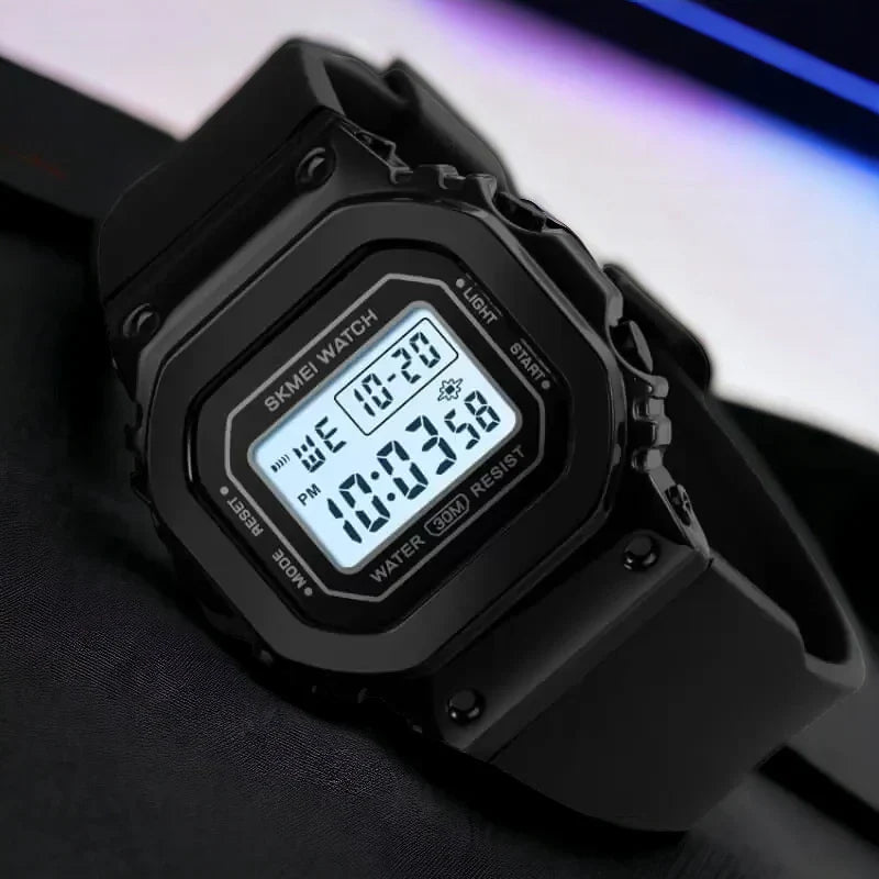 SKMEI 1796 ساعة رياضية مقاومة للماء من الفولاذ سوار مطاطي متعددة الوظائف، اسود