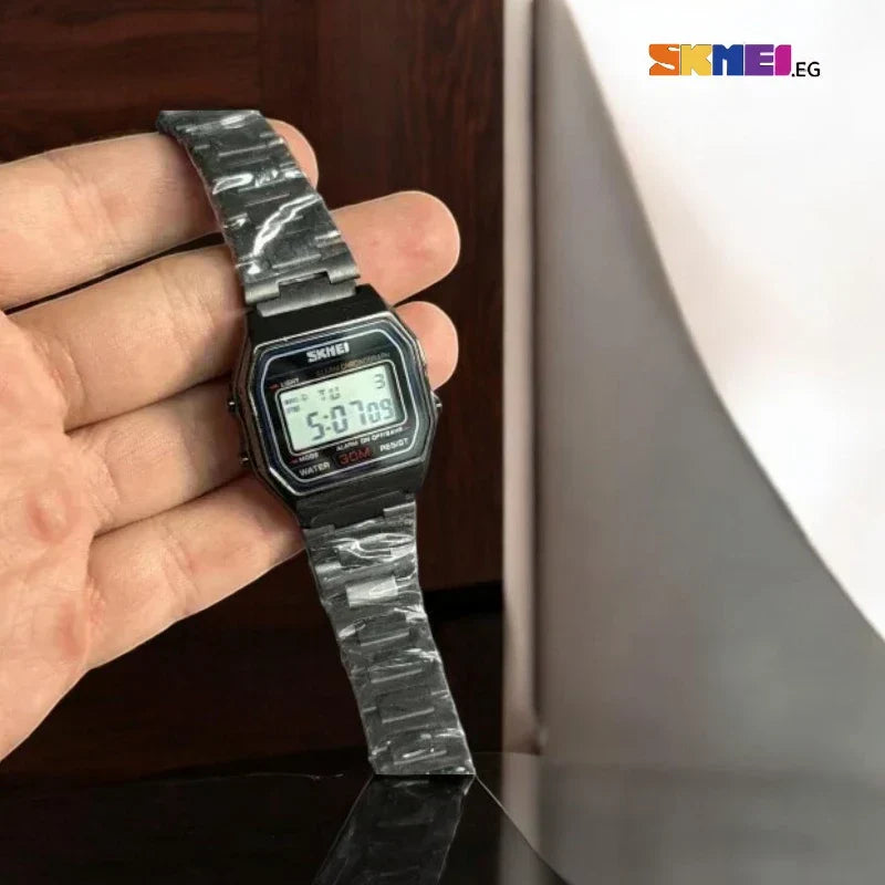 ساعة Skmei 1123 من الفولاذ المقاوم للصدأ باللون الأسود للرجال والنساء، ساعة يد رقمية مقاومة للماء، منبه وساعة إيقاف، تقويم