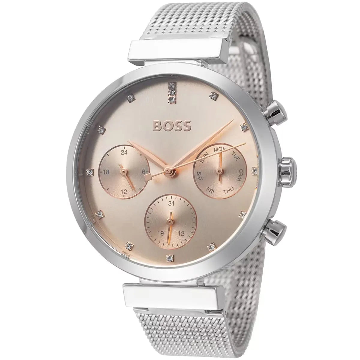 Hugo Boss Women’s Watch – Model 1502625 | Elegant Flawless Design with Rose Gold Dial & Silver Stainless-Steel Bracelet