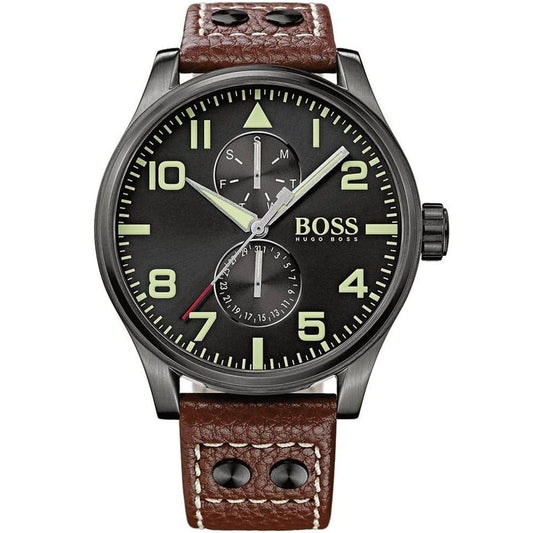 Hugo Boss Aeroliner Maxx 1513079 Gunmetal Case Black Dial Brown Leather Men's Watch