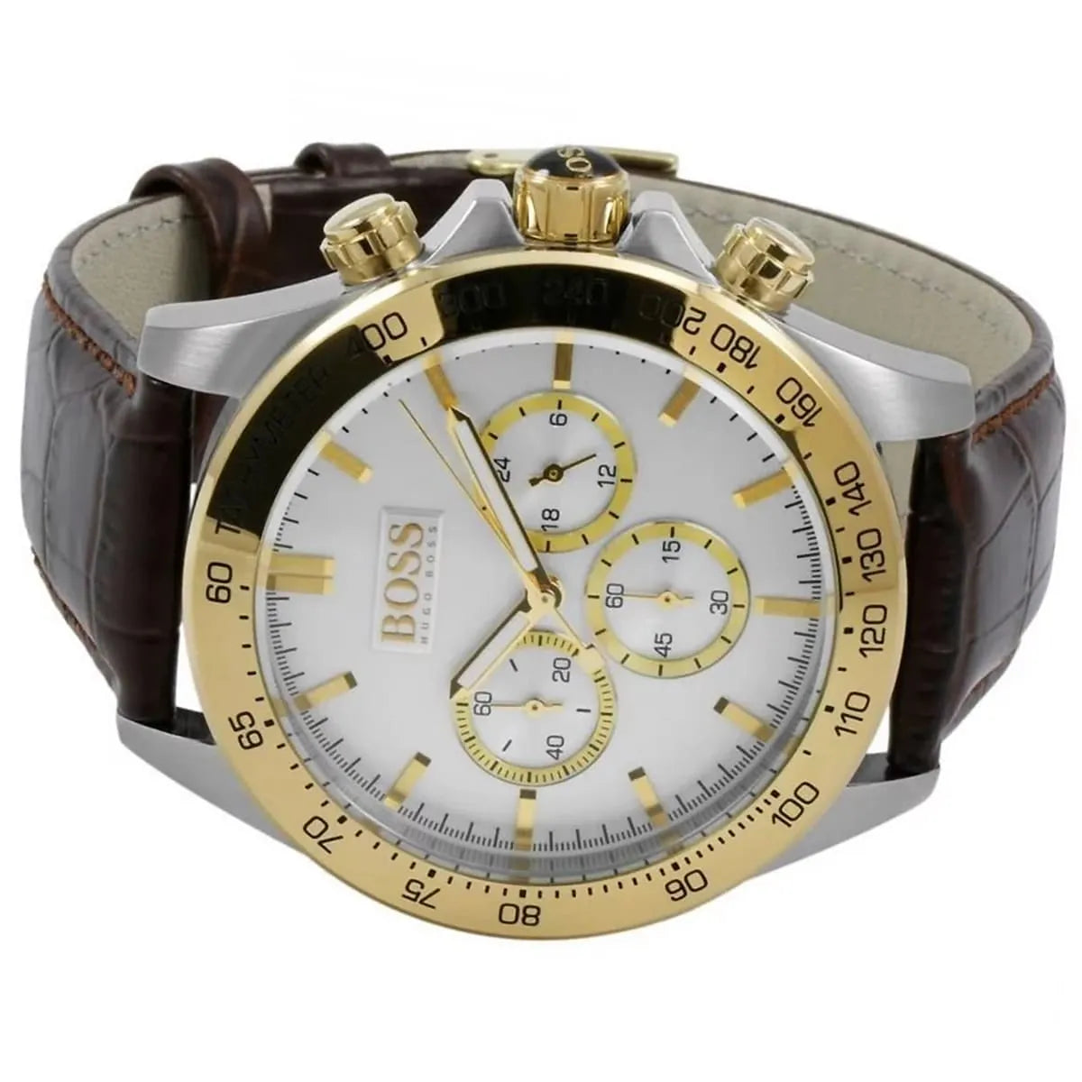 Hugo Boss Ikon 1513174 Silver Dial Gold Bezel Brown Leather Strap Men's Watch