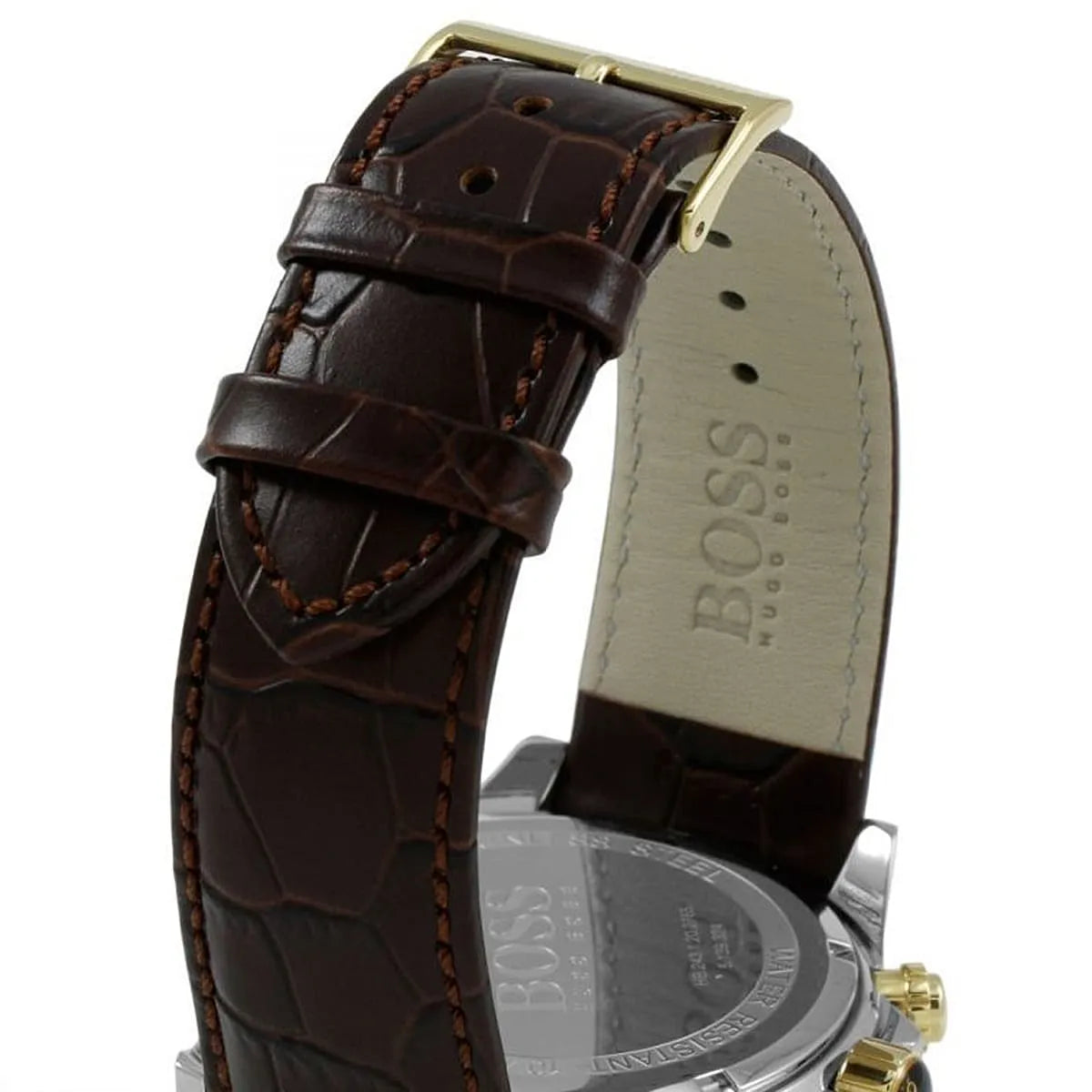 Hugo Boss Ikon 1513174 Silver Dial Gold Bezel Brown Leather Strap Men's Watch