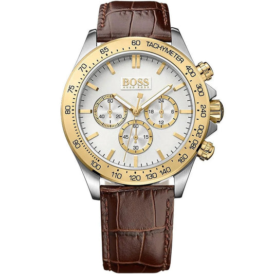Hugo Boss Ikon 1513174 Silver Dial Gold Bezel Brown Leather Strap Men's Watch