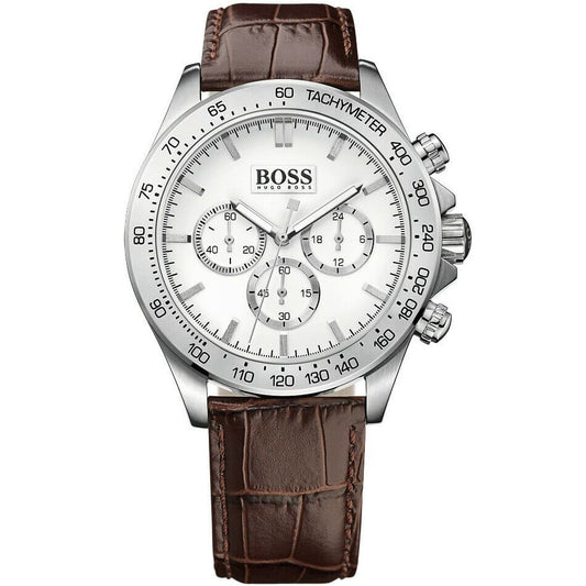 Hugo Boss Ikon 1513175 Silver Case White Dial Brown Leather Strap Men's Watch