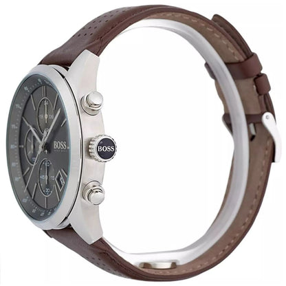 Hugo Boss Grand Prix 1513476 Silver Case Gray Dial Brown Leather Men's Watch