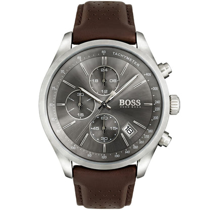 Hugo Boss Grand Prix 1513476 Silver Case Gray Dial Brown Leather Men's Watch