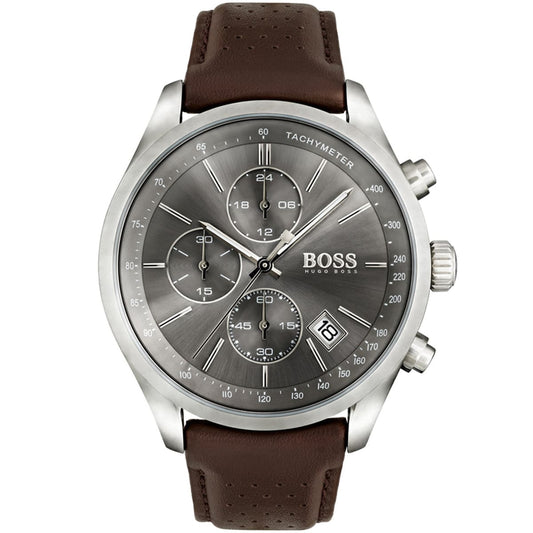 Hugo Boss Grand Prix 1513476 Silver Case Gray Dial Brown Leather Men's Watch