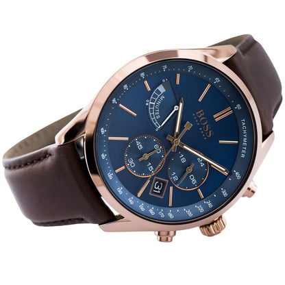 Hugo Boss Grand Prix 1513604 Silver Case Blue Dial Brown Leather Men's Watch