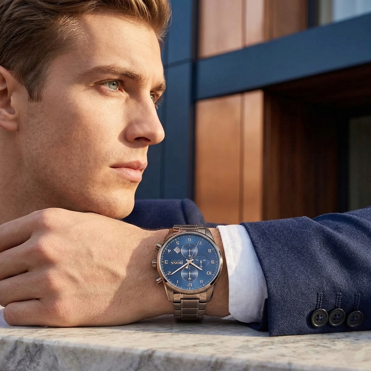 Hugo Boss Skymaster 1513788 Silver Case Blue Dial Brown Metal Men's Watch