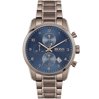 Hugo Boss Skymaster 1513788 Silver Case Blue Dial Brown Metal Men's Watch
