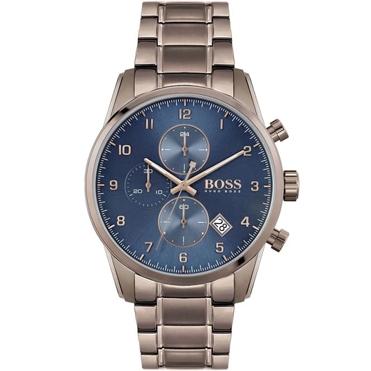 Hugo Boss Skymaster 1513788 Silver Case Blue Dial Brown Metal Men's Watch