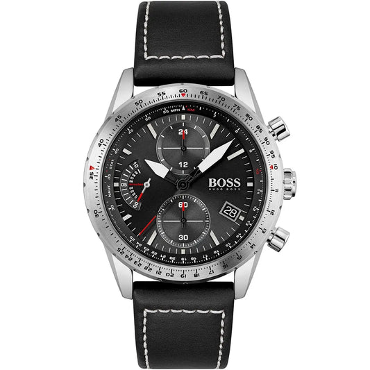 Hugo Boss Pilot Edition 1513853 Silver Case Black Dial Black Leather Men's Watch
