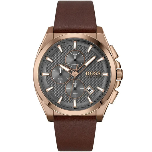 Hugo Boss Grandmaster 1513882 Men's Rose Gold Watch Grey Dial Brown Leather