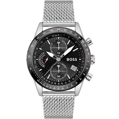 Hugo Boss Pilot Edition 1513886 Silver Case Black Dial Silver Mesh Bracelet Men's Watch