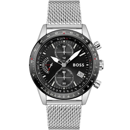 Hugo Boss Pilot Edition 1513886 Silver Case Black Dial Silver Mesh Bracelet Men's Watch