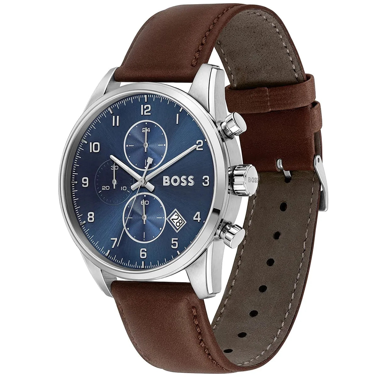 Hugo Boss Skymaster 1513940 Silver Case Blue Dial Brown Leather Strap Men's Watch