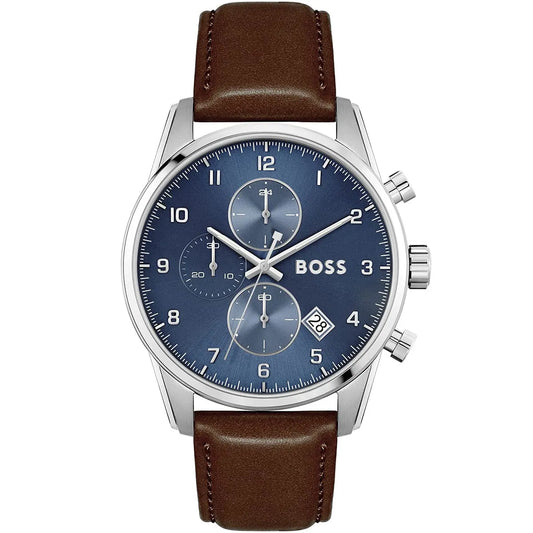 Hugo Boss Skymaster 1513940 Silver Case Blue Dial Brown Leather Men's Watch