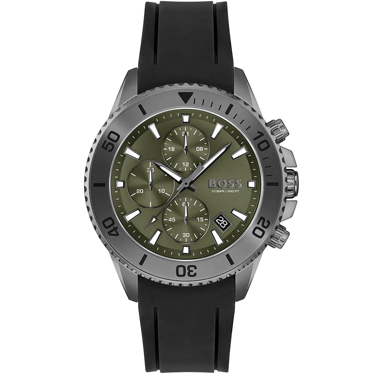 Hugo Boss Admiral 1513967 Silver Case Green Dial Black Rubber Strap Men's Watch