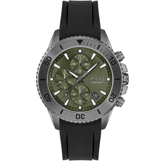 Hugo Boss Admiral 1513967 Silver Case Green Dial Black Rubber Strap Men's Watch