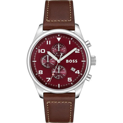 Hugo Boss View 1513988 Silver Case Red Dial Brown Leather Strap Men's Watch