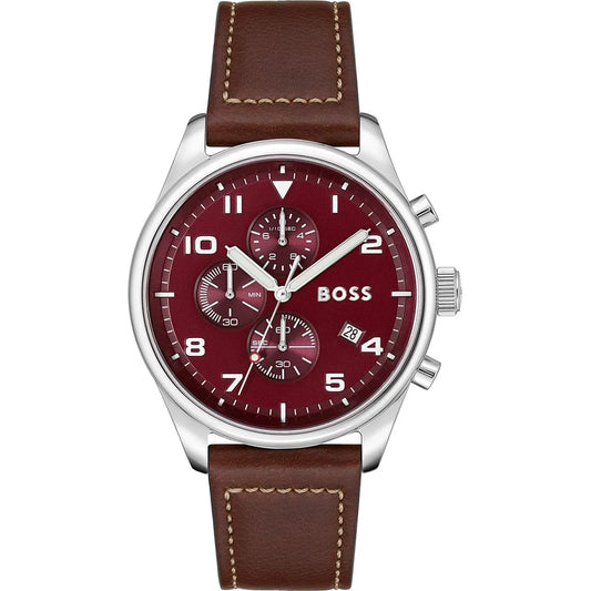 Hugo Boss View 1513988 Silver Case Red Dial Brown Leather Strap Men's Watch