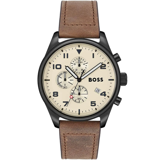 Hugo Boss View 1513990 Black Case Beige Dial Brown Leather Men's Watch
