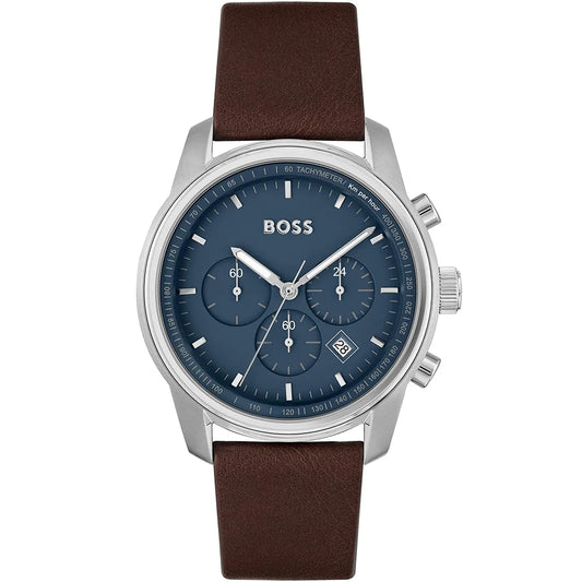 Hugo Boss Trace 1514002 Silver Case Blue Dial Brown Leather Men's Watch